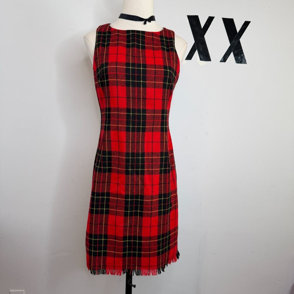 Vintage 90s Moda International Red Tartan Plaid Fringe Grunge Shift Dress 6
